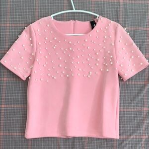 Pink Pearl Embellished Women's Top suede like material
